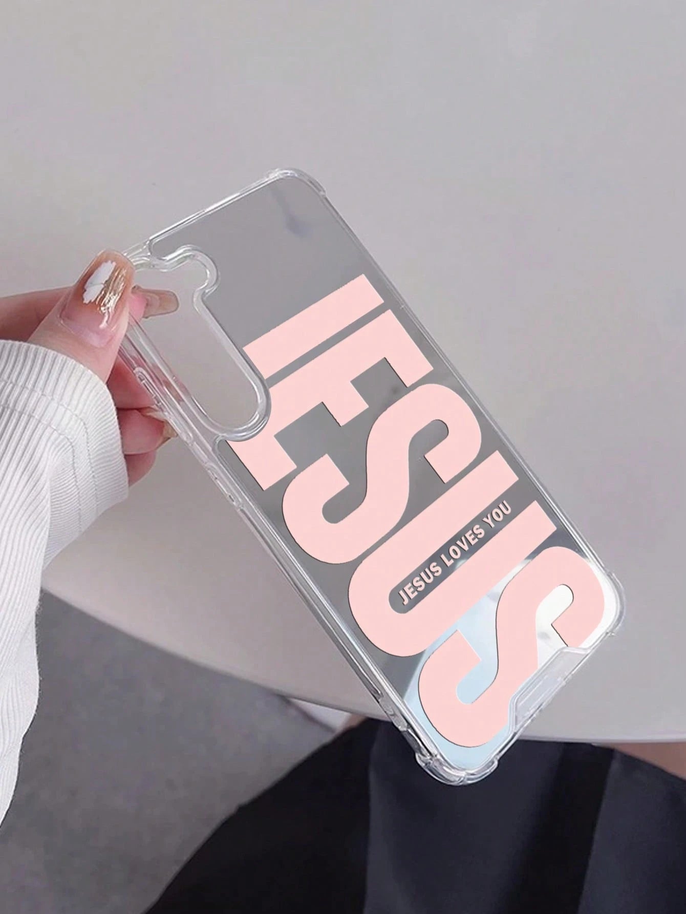 Pink "Jesus" Slogan Pattern Printed Mirror Acrylic Shockproof Phone Case, Compatible With IPhone 13/11/17/17pro/16/14/15/15pro/15 Plus/15 Promax/13pro/14pro/12mini/13mini/11promax/12promax/13promax/14