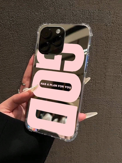 Pink "Jesus" Slogan Pattern Printed Mirror Acrylic Shockproof Phone Case, Compatible With IPhone 13/11/17/17pro/16/14/15/15pro/15 Plus/15 Promax/13pro/14pro/12mini/13mini/11promax/12promax/13promax/14