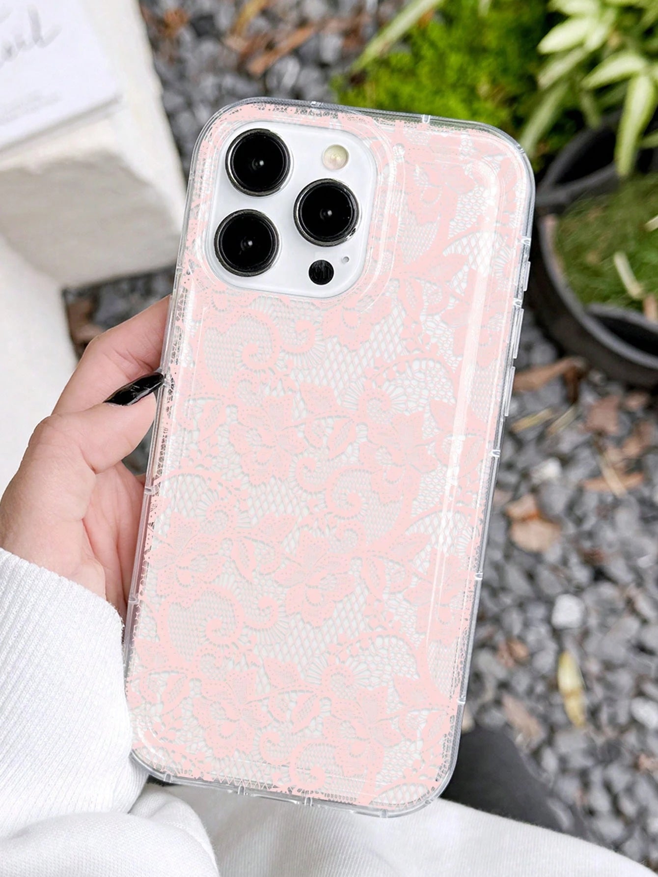 Pink Lace Element Fashion Shockproof 1pc Romantic Lace Pattern Soft Transparent Air Cushion Anti-Slip Phone Case Compatible With Iphone 11/12/13/14/15/16 Pro Max Anniversary Wedding Gift Birthday Part