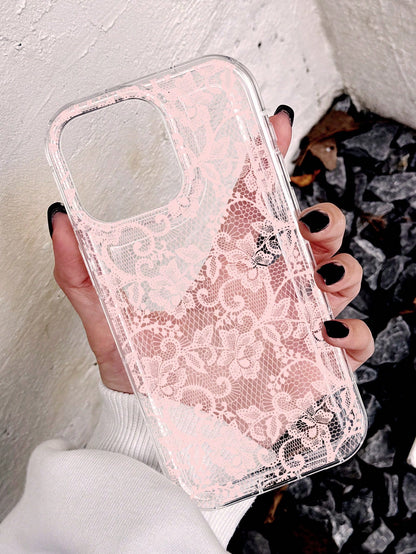 Pink Lace Element Fashion Shockproof 1pc Romantic Lace Pattern Soft Transparent Air Cushion Anti-Slip Phone Case Compatible With Iphone 11/12/13/14/15/16 Pro Max Anniversary Wedding Gift Birthday Part