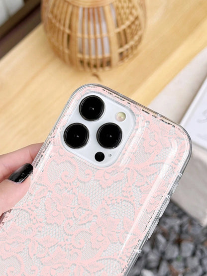 Pink Lace Element Fashion Shockproof 1pc Romantic Lace Pattern Soft Transparent Air Cushion Anti-Slip Phone Case Compatible With Iphone 11/12/13/14/15/16 Pro Max Anniversary Wedding Gift Birthday Part
