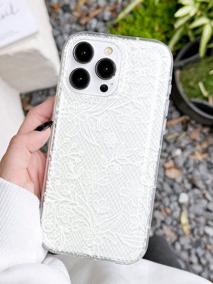 Pink Lace Element Fashion Shockproof 1pc Romantic Lace Pattern Soft Transparent Air Cushion Anti-Slip Phone Case Compatible With Iphone 11/12/13/14/15/16 Pro Max Anniversary Wedding Gift Birthday Part