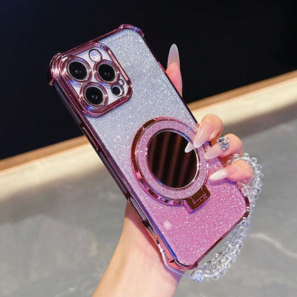 Pink Mirror Element Stand Phone Case New 17 Shockproof Phone Case Shiny Pink Faux Pearl Lanyard Shiny Pink Round Makeup Mirror Magnetic Stand 3-In-1 Phone Case Compatible With IPhone 17 Pro/16 Pro Max