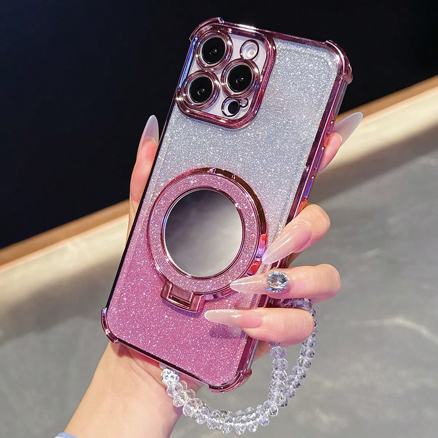 Pink Mirror Element Stand Phone Case New 17 Shockproof Phone Case Shiny Pink Faux Pearl Lanyard Shiny Pink Round Makeup Mirror Magnetic Stand 3-In-1 Phone Case Compatible With IPhone 17 Pro/16 Pro Max