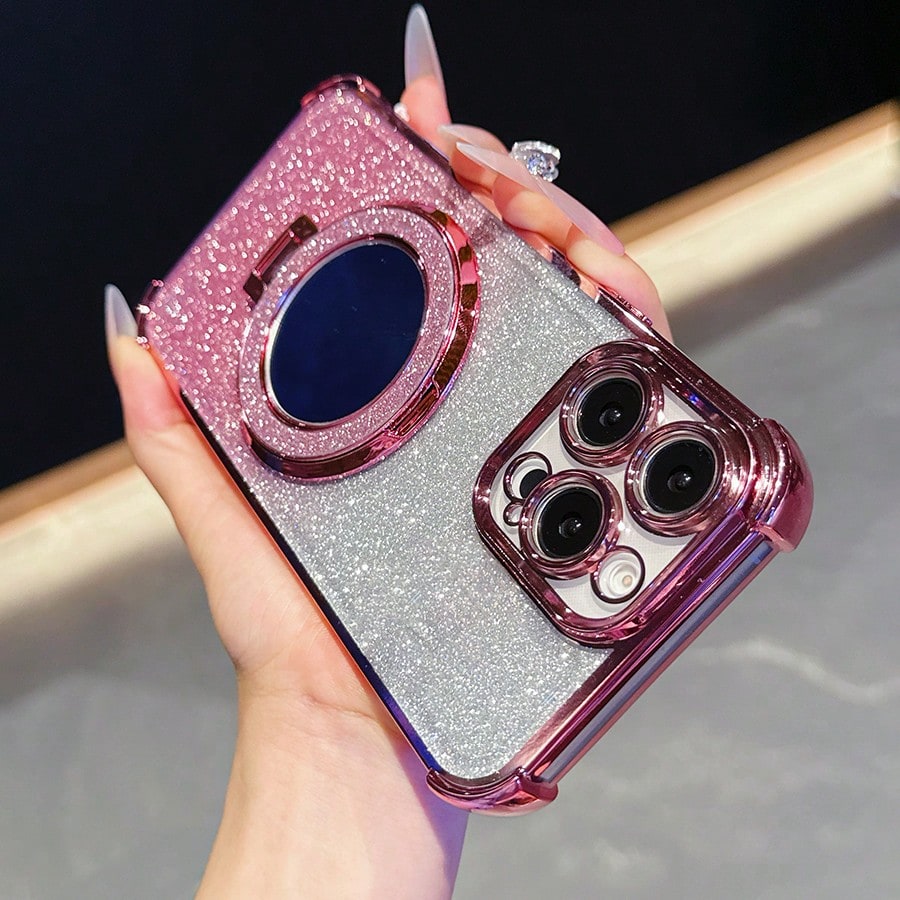 Pink Mirror Element Stand Phone Case New 17 Shockproof Phone Case Shiny Pink Faux Pearl Lanyard Shiny Pink Round Makeup Mirror Magnetic Stand 3-In-1 Phone Case Compatible With IPhone 17 Pro/16 Pro Max