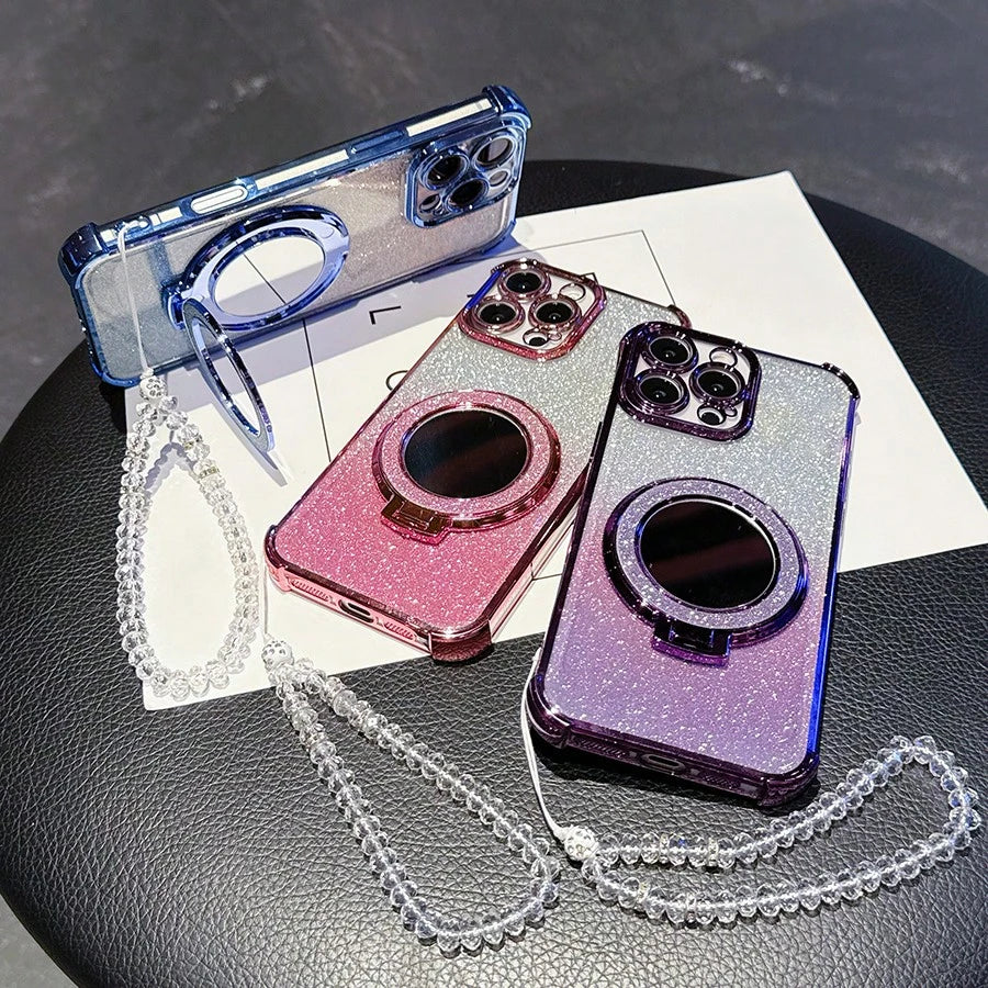 Pink Mirror Element Stand Phone Case New 17 Shockproof Phone Case Shiny Pink Faux Pearl Lanyard Shiny Pink Round Makeup Mirror Magnetic Stand 3-In-1 Phone Case Compatible With IPhone 17 Pro/16 Pro Max