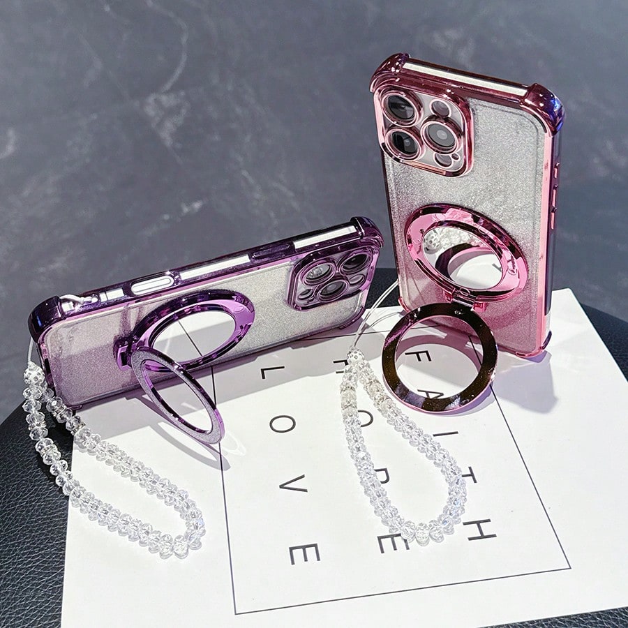 Pink Mirror Element Stand Phone Case New 17 Shockproof Phone Case Shiny Pink Faux Pearl Lanyard Shiny Pink Round Makeup Mirror Magnetic Stand 3-In-1 Phone Case Compatible With IPhone 17 Pro/16 Pro Max