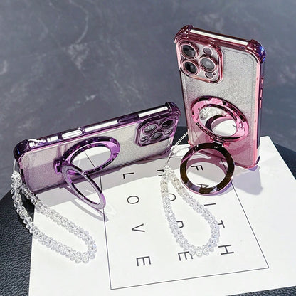 Pink Mirror Element Stand Phone Case New 17 Shockproof Phone Case Shiny Pink Faux Pearl Lanyard Shiny Pink Round Makeup Mirror Magnetic Stand 3-In-1 Phone Case Compatible With IPhone 17 Pro/16 Pro Max