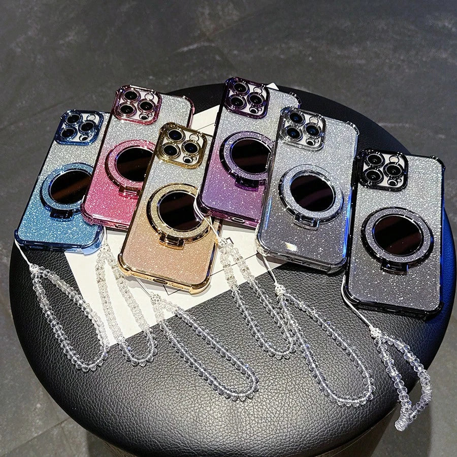 Pink Mirror Element Stand Phone Case New 17 Shockproof Phone Case Shiny Pink Faux Pearl Lanyard Shiny Pink Round Makeup Mirror Magnetic Stand 3-In-1 Phone Case Compatible With IPhone 17 Pro/16 Pro Max