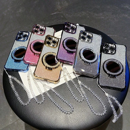 Pink Mirror Element Stand Phone Case New 17 Shockproof Phone Case Shiny Pink Faux Pearl Lanyard Shiny Pink Round Makeup Mirror Magnetic Stand 3-In-1 Phone Case Compatible With IPhone 17 Pro/16 Pro Max