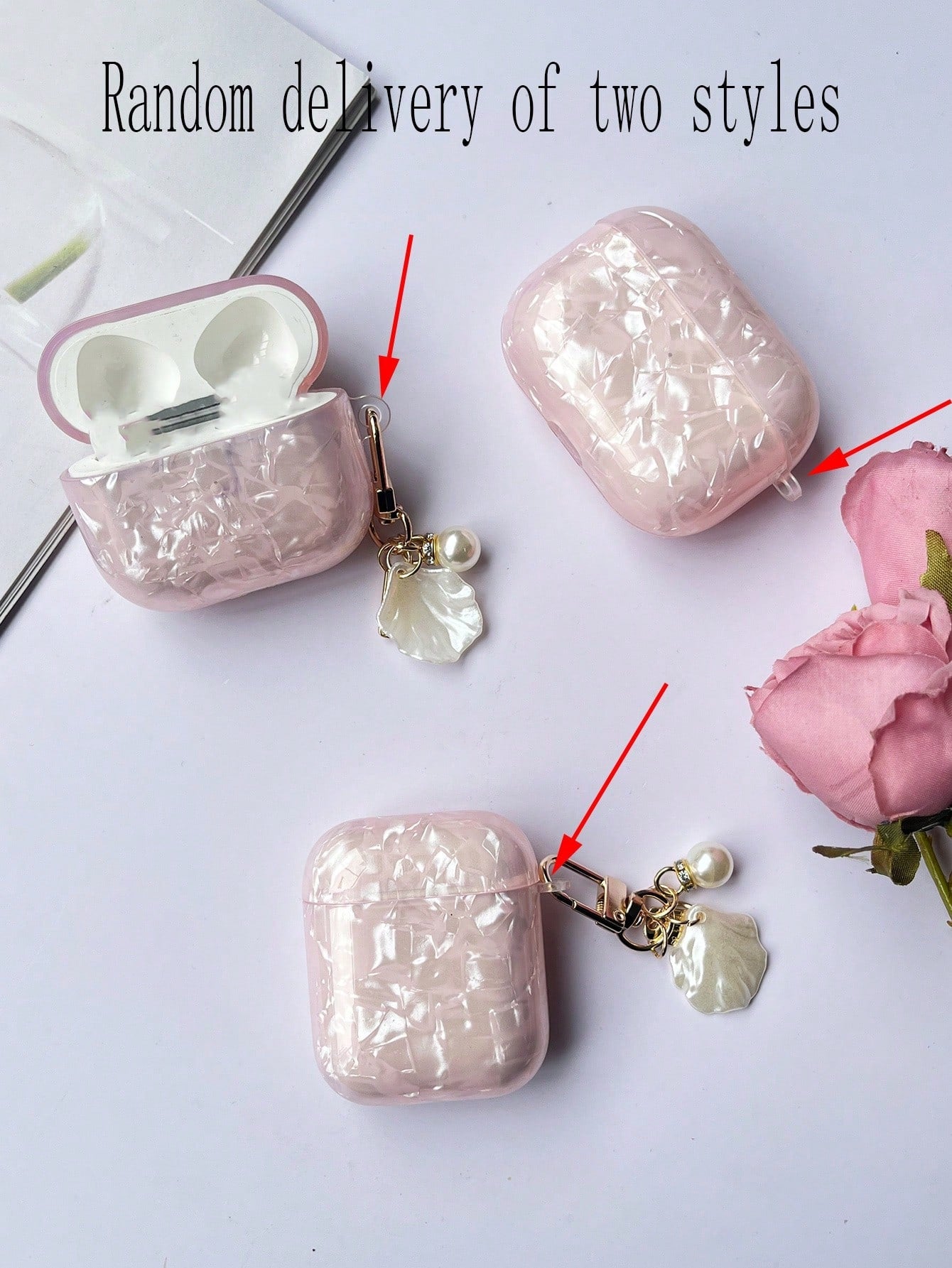 Pink Mother Of Pearl Iridescent Nacre Texture With Seashell Charm Compatible With Apple 4, Seashell Pattern Earphone Protective Case For Pro 2, Pro 3, Does Not Include Earphones Birthday Gift