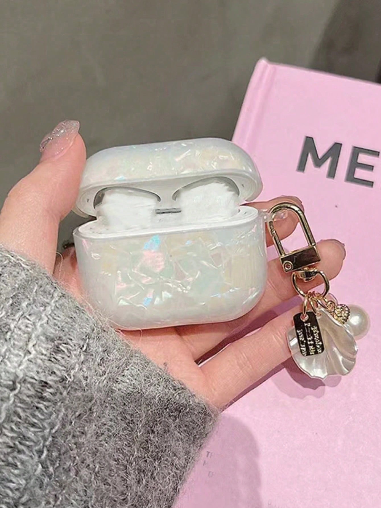 Pink Mother Of Pearl Iridescent Nacre Texture With Seashell Charm Compatible With Apple 4, Seashell Pattern Earphone Protective Case For Pro 2, Pro 3, Does Not Include Earphones Birthday Gift