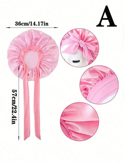 [Pink Satin Bonnet] Soft Luxurious Pink Satin Bonnet- Adjustable Tie Band & Bow Accent, Comfortable Ruffled Design For A Snug Fit, Hair Protection| Satin Cap| Smooth Satin Finish For Women & Men