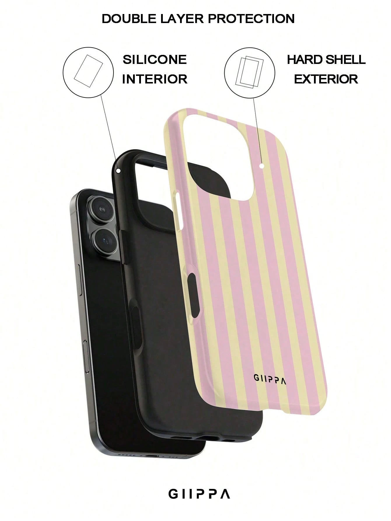Pink Striped Elements Fashion Phone Cases Pink Striped Matte Vertical Striped 2-In-1 Phone Case In Pink And Light Yellow, Compatible With IPhone 16, 15, 14, 13, 12, 11, PRO MAX, PLUS And Other Models