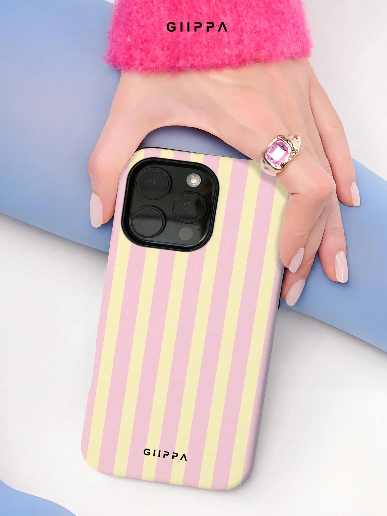 Pink Striped Elements Fashion Phone Cases Pink Striped Matte Vertical Striped 2-In-1 Phone Case In Pink And Light Yellow, Compatible With IPhone 16, 15, 14, 13, 12, 11, PRO MAX, PLUS And Other Models