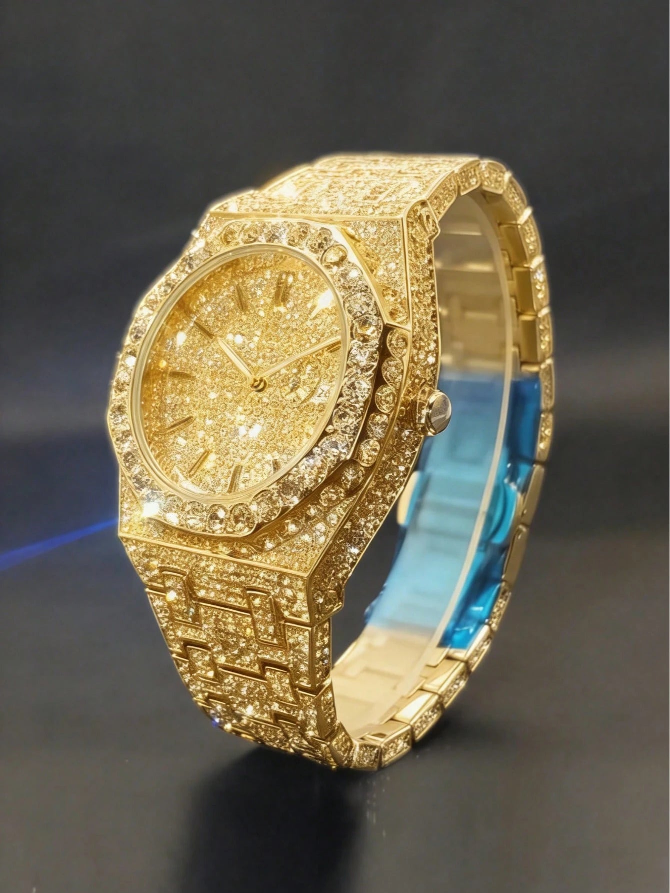 Platinum Plated Hip-Hop Style Men's Diamond Inlaid Calendar Watch, Fashionable Icy Carved Watch Model, Suitable For Easter, Halloween, Christmas, Father's Day, Birthday, Back To School, Student, Holid