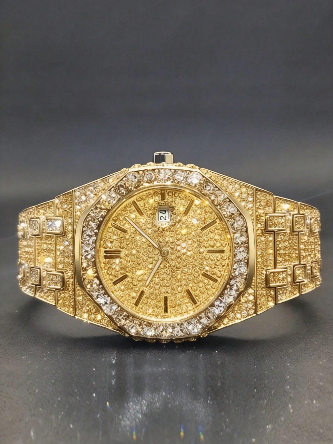 Platinum Plated Hip-Hop Style Men's Diamond Inlaid Calendar Watch, Fashionable Icy Carved Watch Model, Suitable For Easter, Halloween, Christmas, Father's Day, Birthday, Back To School, Student, Holid