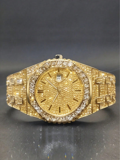 Platinum Plated Hip-Hop Style Men's Diamond Inlaid Calendar Watch, Fashionable Icy Carved Watch Model, Suitable For Easter, Halloween, Christmas, Father's Day, Birthday, Back To School, Student, Holid