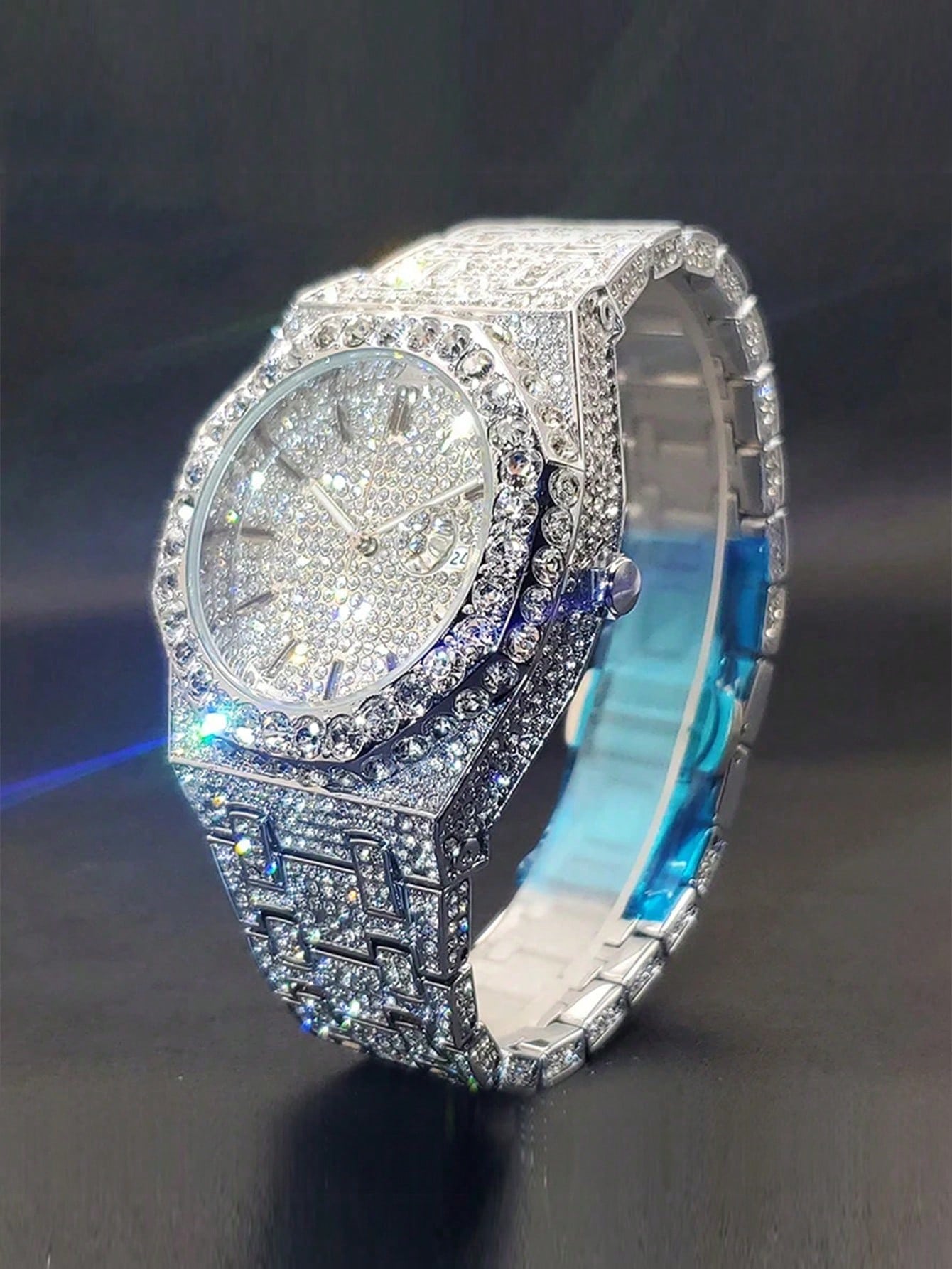 Platinum Plated Hip-Hop Style Men's Diamond Inlaid Calendar Watch, Fashionable Icy Carved Watch Model, Suitable For Easter, Halloween, Christmas, Father's Day, Birthday, Back To School, Student, Holid