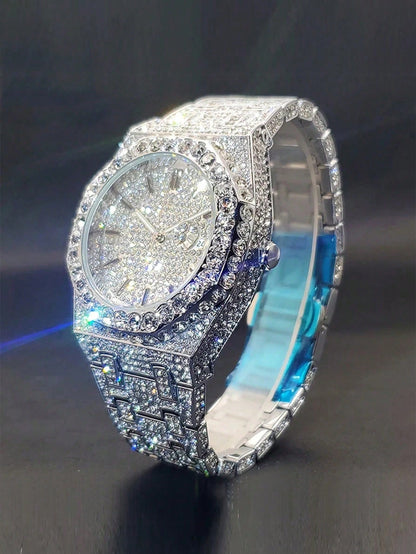 Platinum Plated Hip-Hop Style Men's Diamond Inlaid Calendar Watch, Fashionable Icy Carved Watch Model, Suitable For Easter, Halloween, Christmas, Father's Day, Birthday, Back To School, Student, Holid