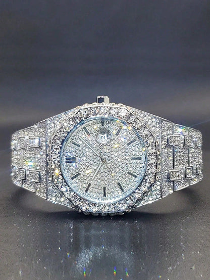 Platinum Plated Hip-Hop Style Men's Diamond Inlaid Calendar Watch, Fashionable Icy Carved Watch Model, Suitable For Easter, Halloween, Christmas, Father's Day, Birthday, Back To School, Student, Holid