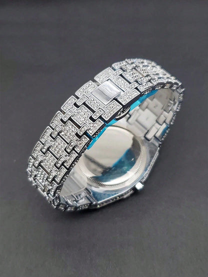 Platinum Plated Hip-Hop Style Men's Diamond Inlaid Calendar Watch, Fashionable Icy Carved Watch Model, Suitable For Easter, Halloween, Christmas, Father's Day, Birthday, Back To School, Student, Holid