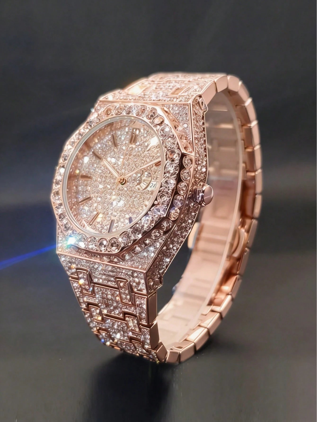 Platinum Plated Hip-Hop Style Men's Diamond Inlaid Calendar Watch, Fashionable Icy Carved Watch Model, Suitable For Easter, Halloween, Christmas, Father's Day, Birthday, Back To School, Student, Holid