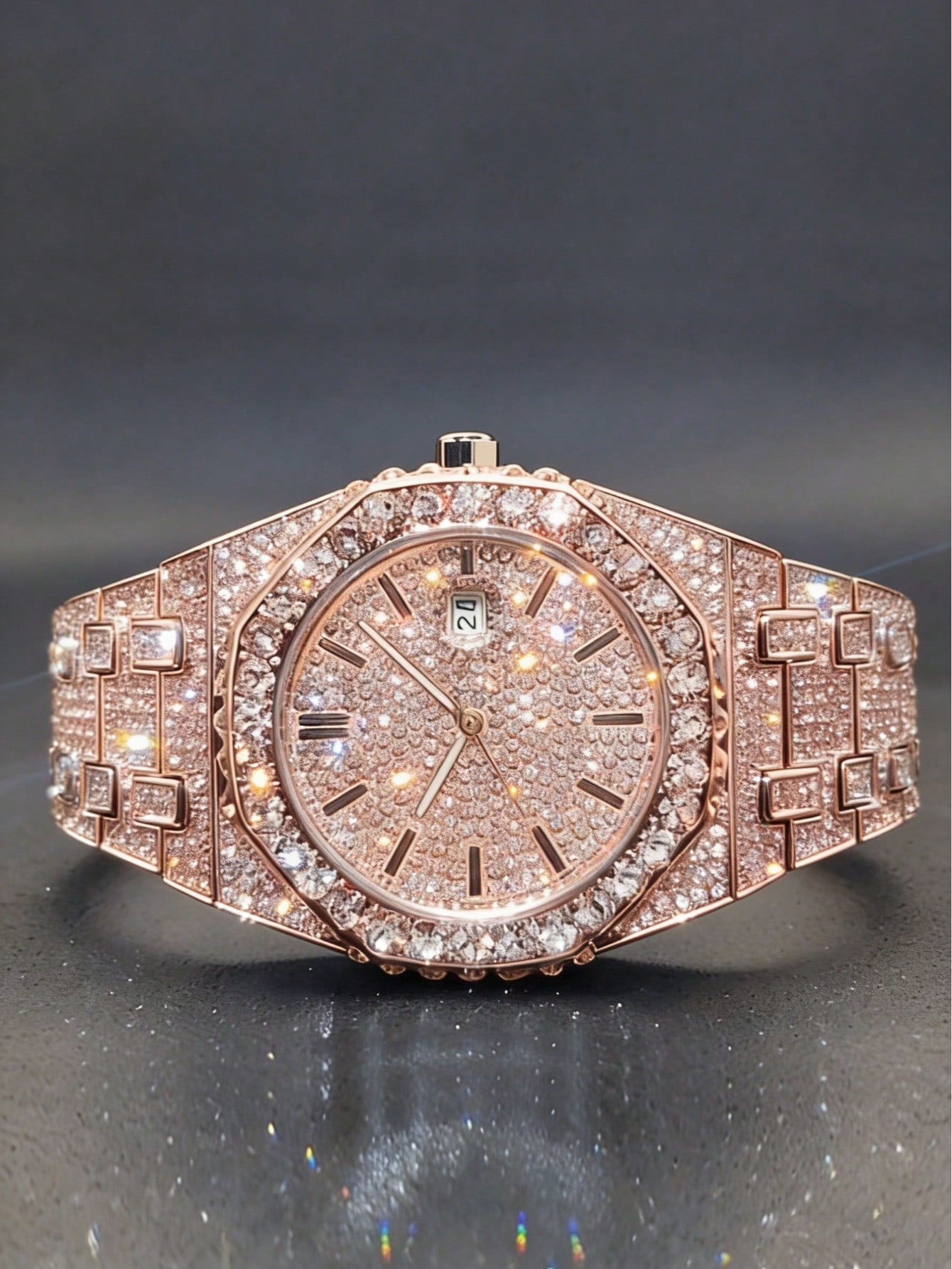 Platinum Plated Hip-Hop Style Men's Diamond Inlaid Calendar Watch, Fashionable Icy Carved Watch Model, Suitable For Easter, Halloween, Christmas, Father's Day, Birthday, Back To School, Student, Holid