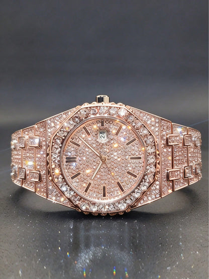 Platinum Plated Hip-Hop Style Men's Diamond Inlaid Calendar Watch, Fashionable Icy Carved Watch Model, Suitable For Easter, Halloween, Christmas, Father's Day, Birthday, Back To School, Student, Holid