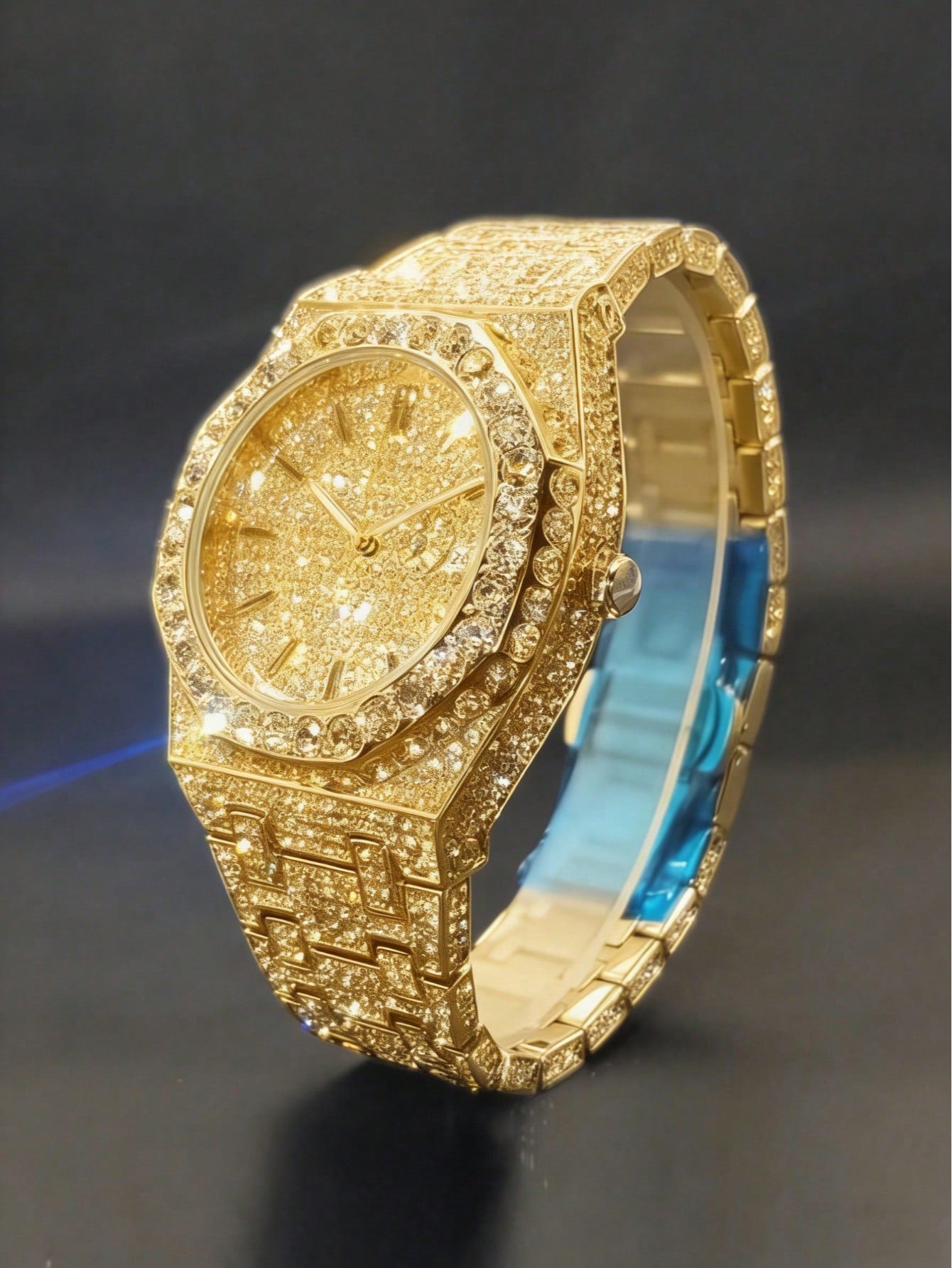 Platinum Plated Hip-Hop Style Men's Diamond Inlaid Calendar Watch, Fashionable Icy Carved Watch Model, Suitable For Easter, Halloween, Christmas, Father's Day, Birthday, Back To School, Student, Holid
