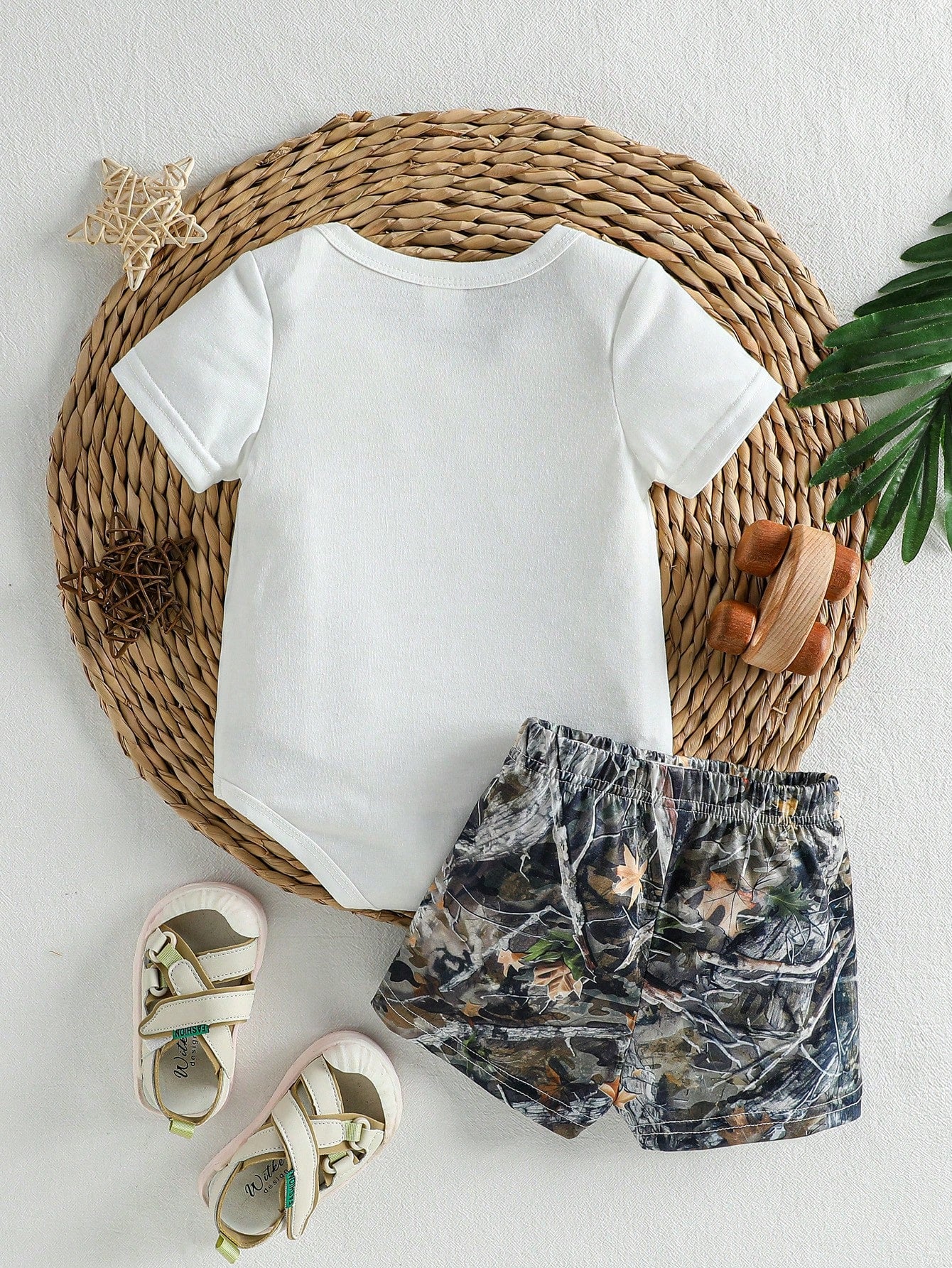 Playful Pals 0-3 Years Infant Toddler Baby Boys Summer White Camo Forest Branch Print Romper Set Cute Loose Outfit For Casual Vacation Outings & Sports Clothing