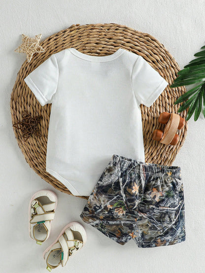 Playful Pals 0-3 Years Infant Toddler Baby Boys Summer White Camo Forest Branch Print Romper Set Cute Loose Outfit For Casual Vacation Outings & Sports Clothing