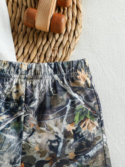 Playful Pals 0-3 Years Infant Toddler Baby Boys Summer White Camo Forest Branch Print Romper Set Cute Loose Outfit For Casual Vacation Outings & Sports Clothing