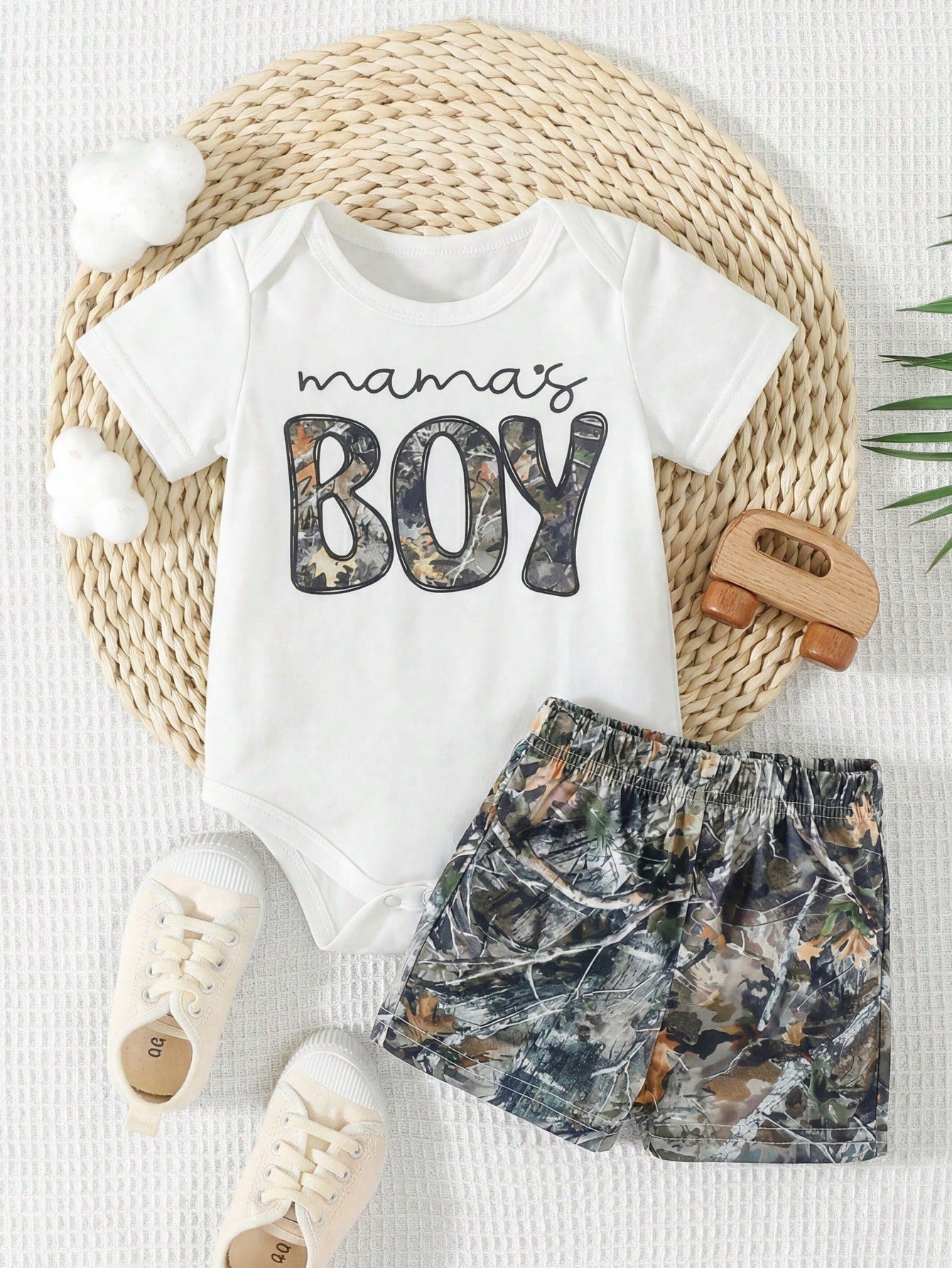 Playful Pals 0-3 Years Infant Toddler Baby Boys Summer White Camo Forest Branch Print Romper Set Cute Loose Outfit For Casual Vacation Outings & Sports Clothing