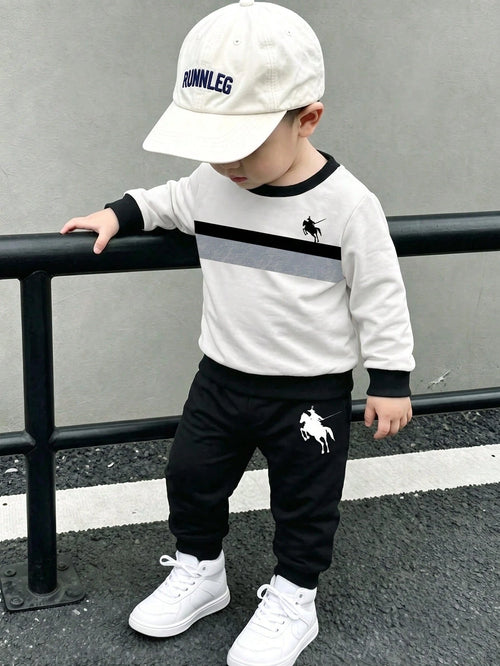 Playful Pals 1 Set Baby Boy Horse Logo Letter Print Crew Neck Long Sleeve Ribbed Sweatshirt With Horse Logo Pattern Print Black Long Sweatpants, Suitable For Autumn/Winter Outdoor Activities