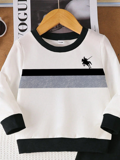 Playful Pals 1 Set Baby Boy Horse Logo Letter Print Crew Neck Long Sleeve Ribbed Sweatshirt With Horse Logo Pattern Print Black Long Sweatpants, Suitable For Autumn/Winter Outdoor Activities