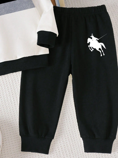 Playful Pals 1 Set Baby Boy Horse Logo Letter Print Crew Neck Long Sleeve Ribbed Sweatshirt With Horse Logo Pattern Print Black Long Sweatpants, Suitable For Autumn/Winter Outdoor Activities