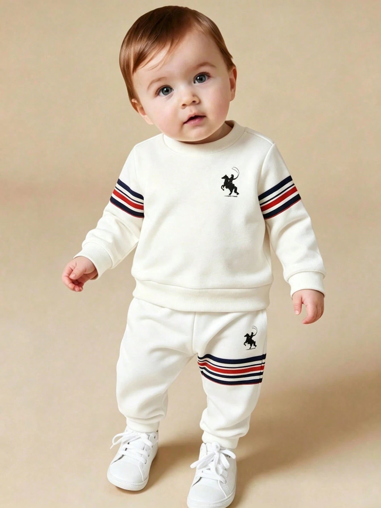 Playful Pals 1 Set Baby Boy Horse Logo Letter Print Crew Neck Long Sleeve Ribbed Sweatshirt With Horse Logo Pattern Print Black Long Sweatpants, Suitable For Autumn/Winter Outdoor Activities