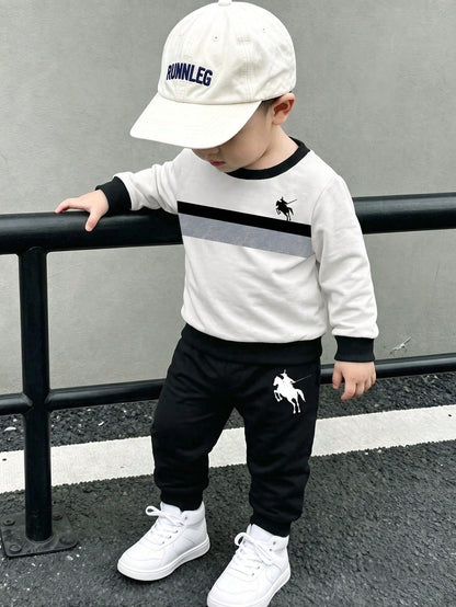 Playful Pals 1 Set Baby Boy Horse Logo Letter Print Crew Neck Long Sleeve Ribbed Sweatshirt With Horse Logo Pattern Print Black Long Sweatpants, Suitable For Autumn/Winter Outdoor Activities