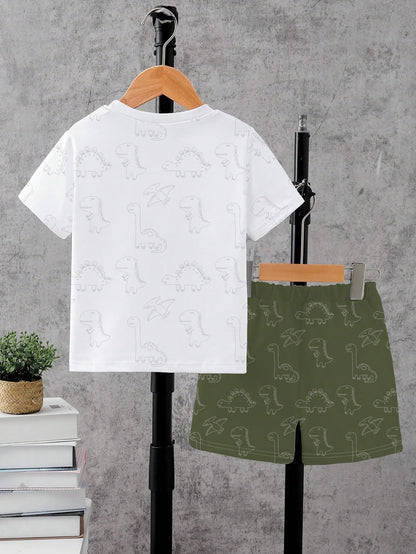 Playful Pals 1 Set Toddler Cute Cartoon Dinosaur Outfit,White Summer Casual Short Sleeve Graphic T-Shirt & Shorts,Beach Playtime Style,Green Playful Print Set
