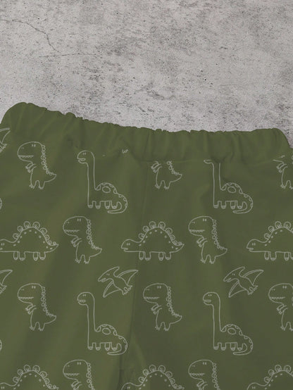 Playful Pals 1 Set Toddler Cute Cartoon Dinosaur Outfit,White Summer Casual Short Sleeve Graphic T-Shirt & Shorts,Beach Playtime Style,Green Playful Print Set