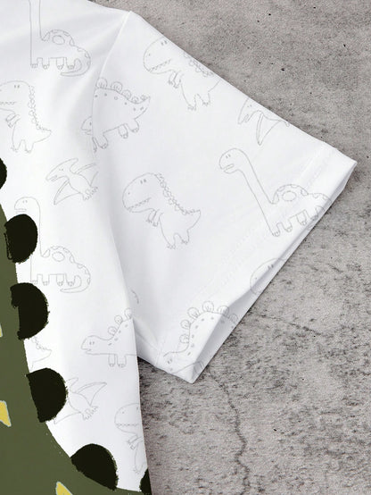 Playful Pals 1 Set Toddler Cute Cartoon Dinosaur Outfit,White Summer Casual Short Sleeve Graphic T-Shirt & Shorts,Beach Playtime Style,Green Playful Print Set