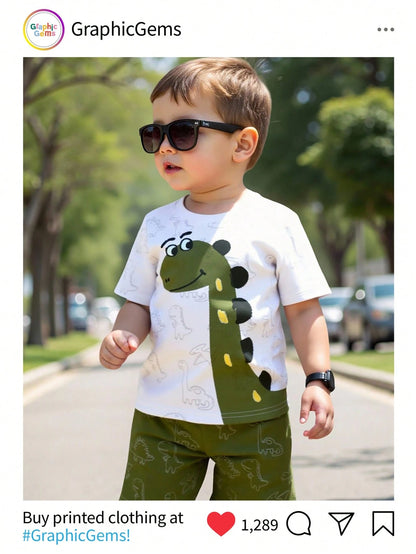 Playful Pals 1 Set Toddler Cute Cartoon Dinosaur Outfit,White Summer Casual Short Sleeve Graphic T-Shirt & Shorts,Beach Playtime Style,Green Playful Print Set