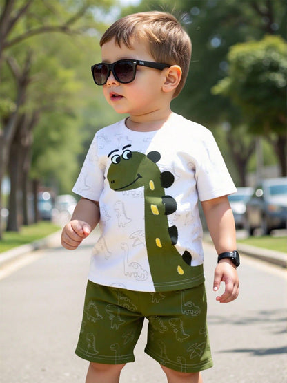 Playful Pals 1 Set Toddler Cute Cartoon Dinosaur Outfit,White Summer Casual Short Sleeve Graphic T-Shirt & Shorts,Beach Playtime Style,Green Playful Print Set