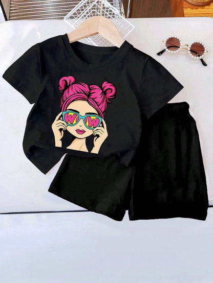 Playful Pals 2pcs Baby Girls' Casual And Cute Short Sleeve T-Shirt And Shorts Set With Printed Patterns, Summer