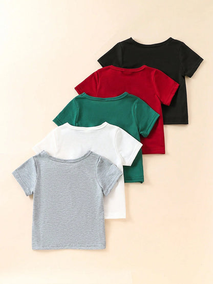 Playful Pals 5pcs Baby Boy Spring And Summer Simple And Comfortable White T-Shirt Five-Piece Set