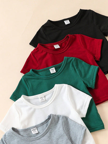 Playful Pals 5pcs Baby Boy Spring And Summer Simple And Comfortable White T-Shirt Five-Piece Set