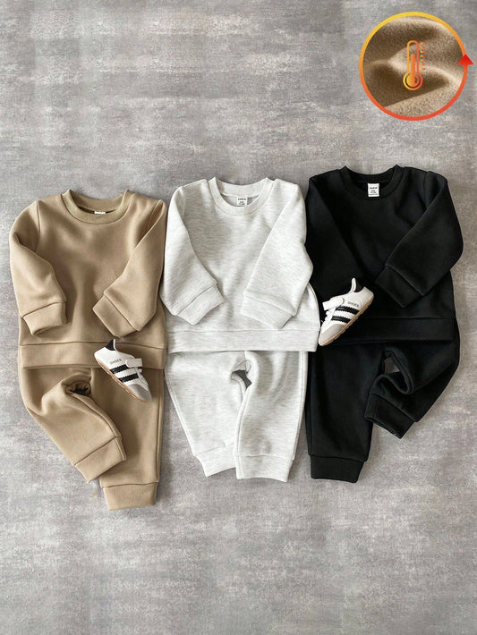Playful Pals 6pcs/Set Baby Boy Crew Neck Sweatshirt And Elastic Waist Pants,Khaki,Autumn,Modest,Page Race,Back-To-School,Infant Winter Clothes,6M-3T Outfits