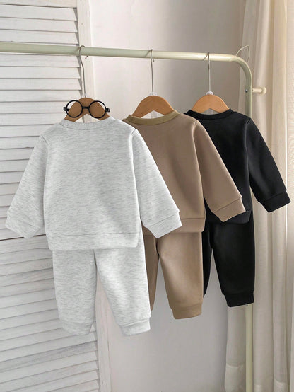 Playful Pals 6pcs/Set Baby Boy Crew Neck Sweatshirt And Elastic Waist Pants,Khaki,Autumn,Modest,Page Race,Back-To-School,Infant Winter Clothes,6M-3T Outfits