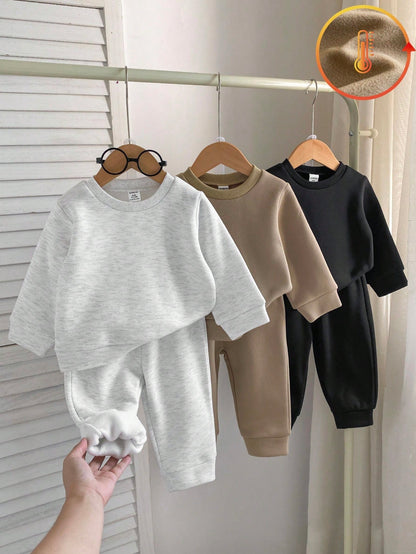 Playful Pals 6pcs/Set Baby Boy Crew Neck Sweatshirt And Elastic Waist Pants,Khaki,Autumn,Modest,Page Race,Back-To-School,Infant Winter Clothes,6M-3T Outfits